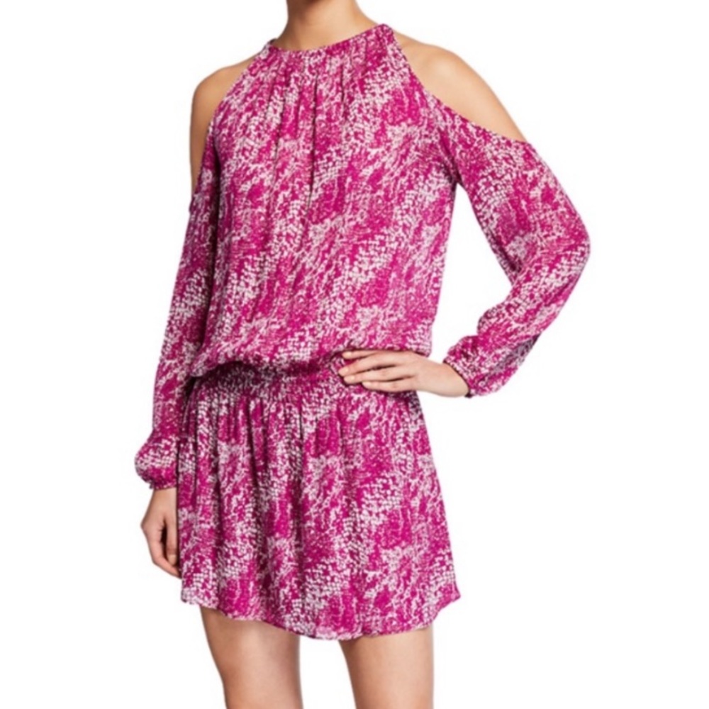 New Ramy Brook Silk Cold Shoulder Mini Dress Fusco Magenta print medium nwt